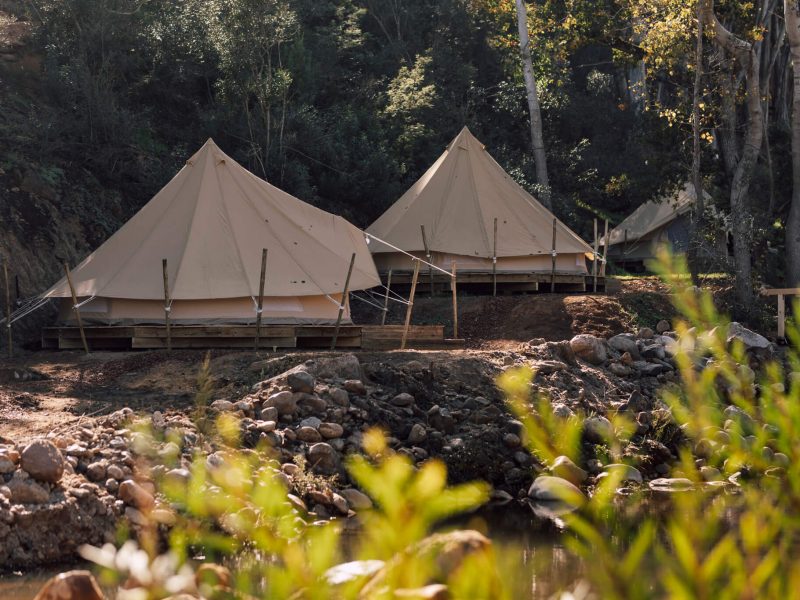 Canvas tents pitched on open ground with mountains behind