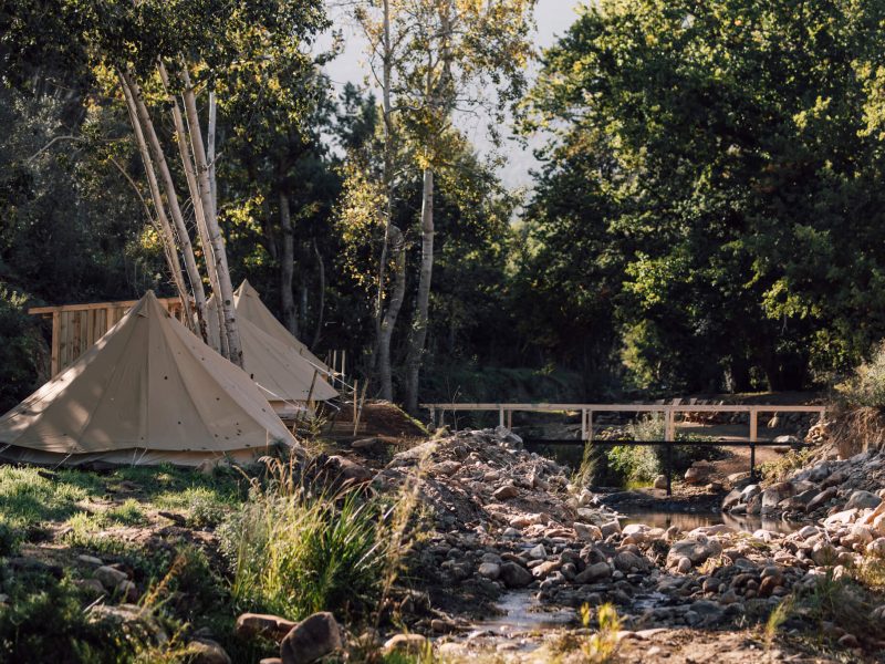 Tent by the stream with footbridge and trees behind