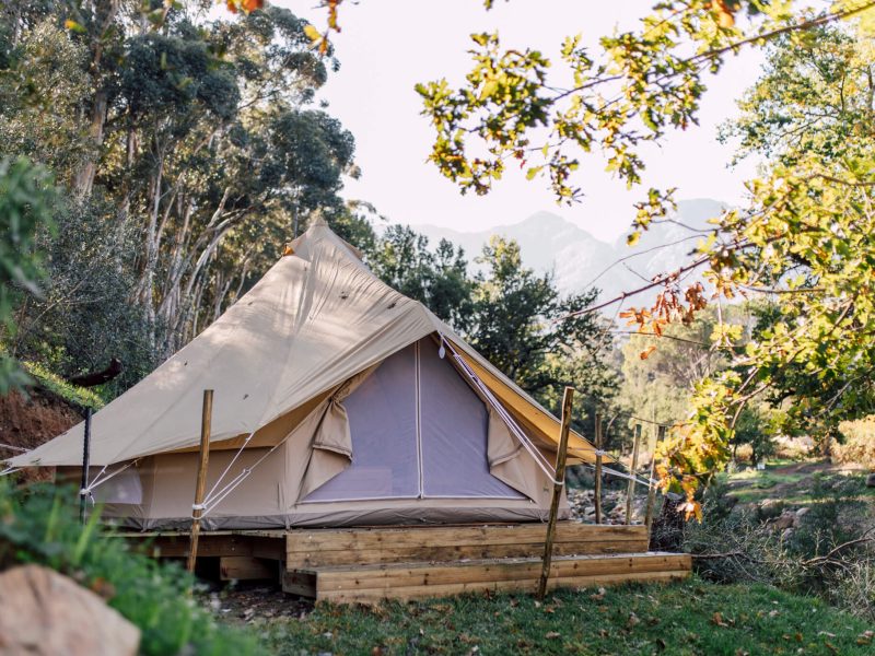 Bell tent with timber base on green lawn