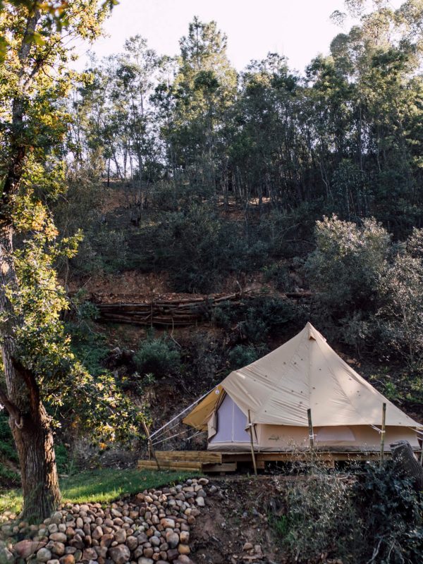Small canvas tent among trees on hillside