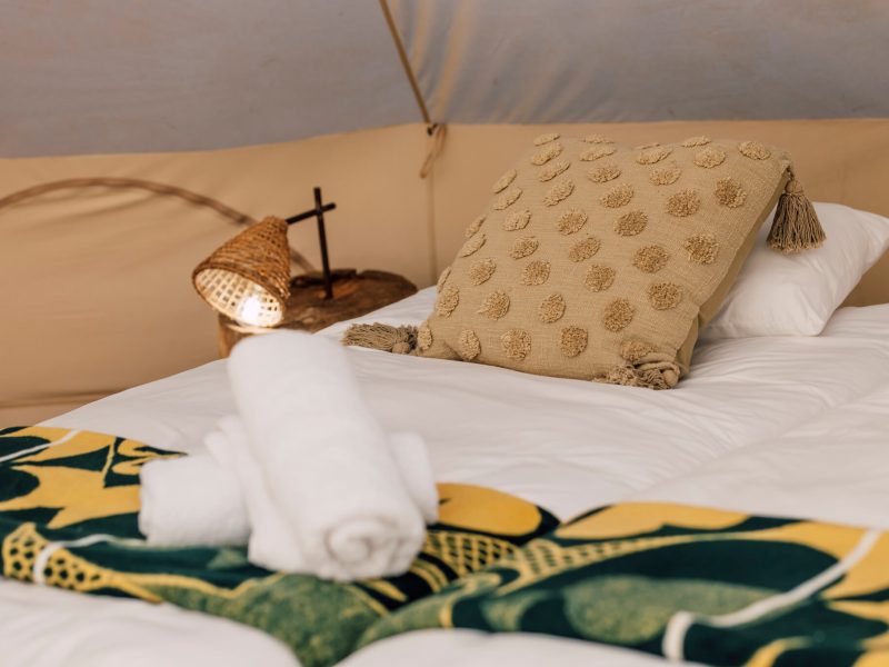 Bedside lamp and patterned cushion on neutral bedding